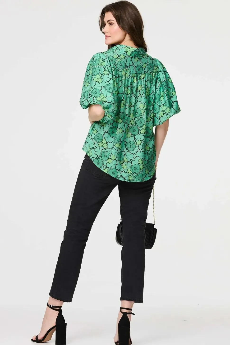 Leaf Print 1/2 Puff Sleeve Blouse