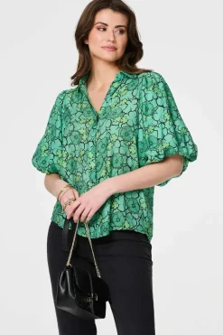 Leaf Print 1/2 Puff Sleeve Blouse