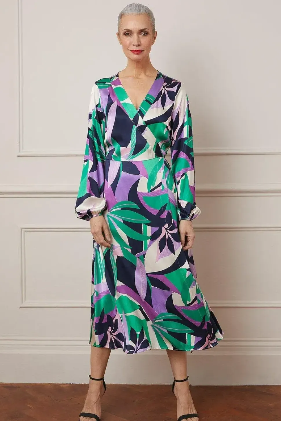 Leaf Print Satin Wrap Midi Dress