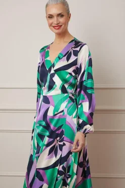 Leaf Print Satin Wrap Midi Dress