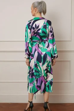 Leaf Print Satin Wrap Midi Dress