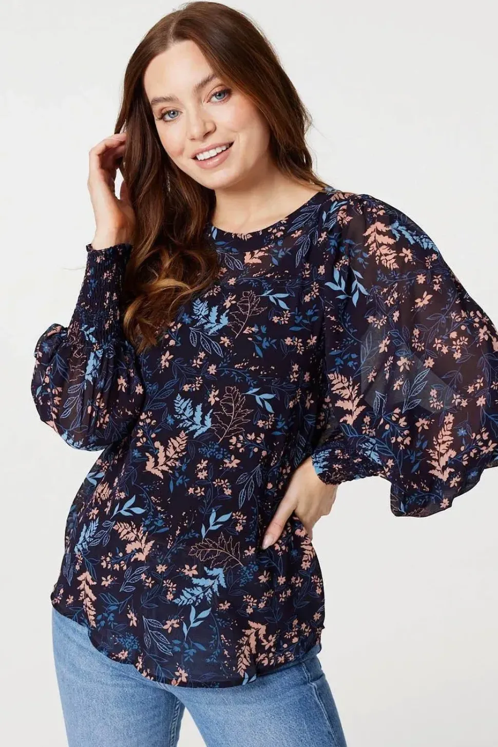 Leaf Print Semi Sheer Blouse