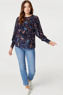 Leaf Print Semi Sheer Blouse