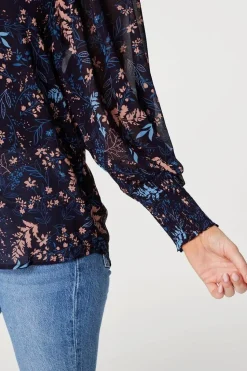 Leaf Print Semi Sheer Blouse