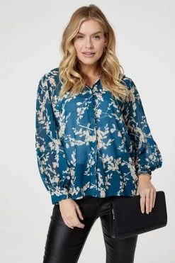 Leaf Print Semi Sheer Blouse