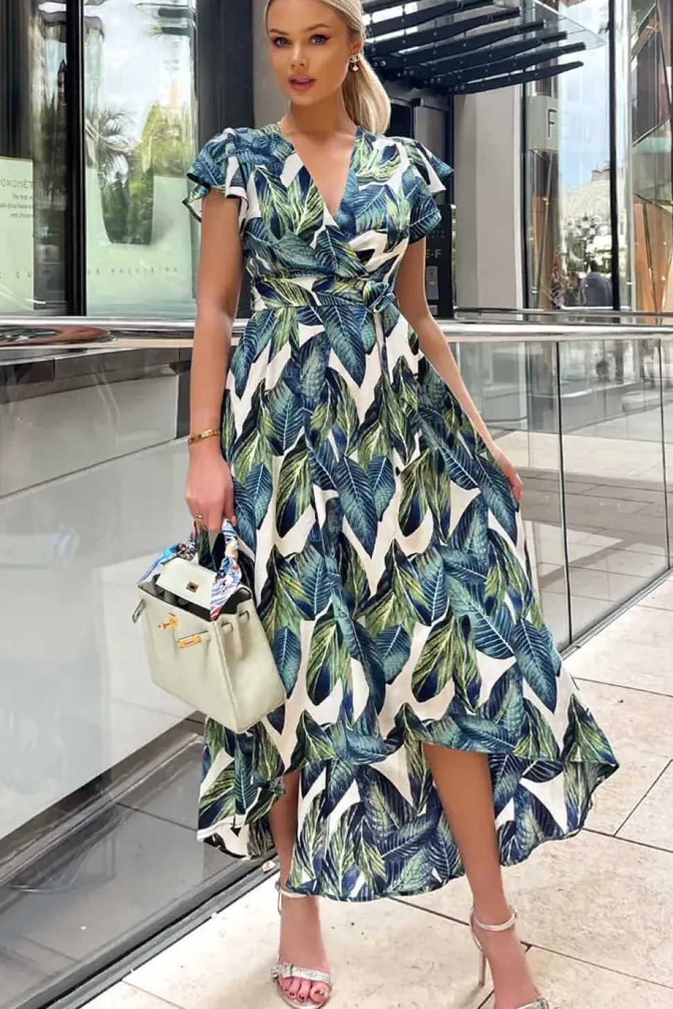 Leaf Print Short Sleeve Belted Wrap Midi Dress