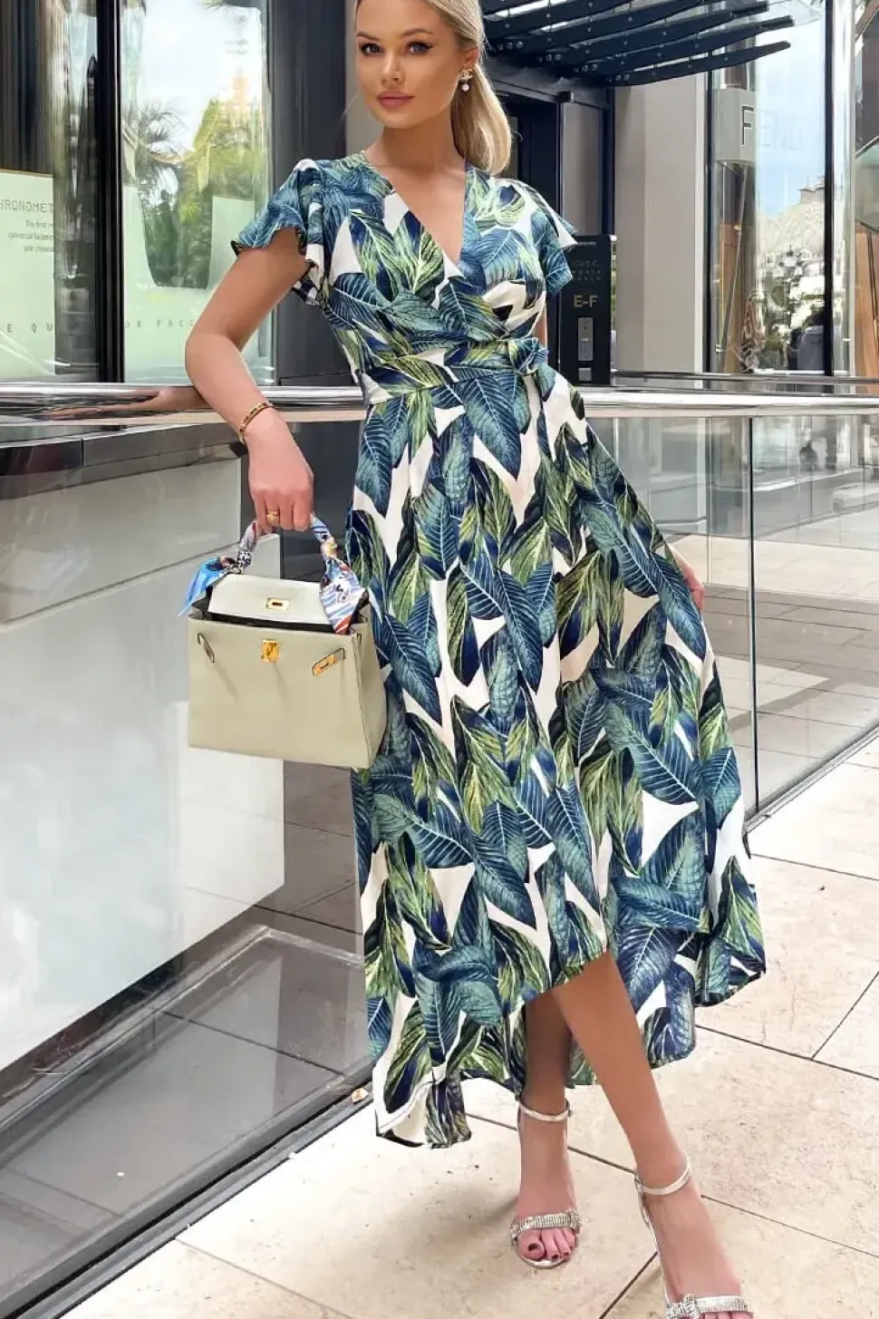 Leaf Print Short Sleeve Belted Wrap Midi Dress