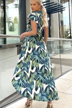 Leaf Print Short Sleeve Belted Wrap Midi Dress