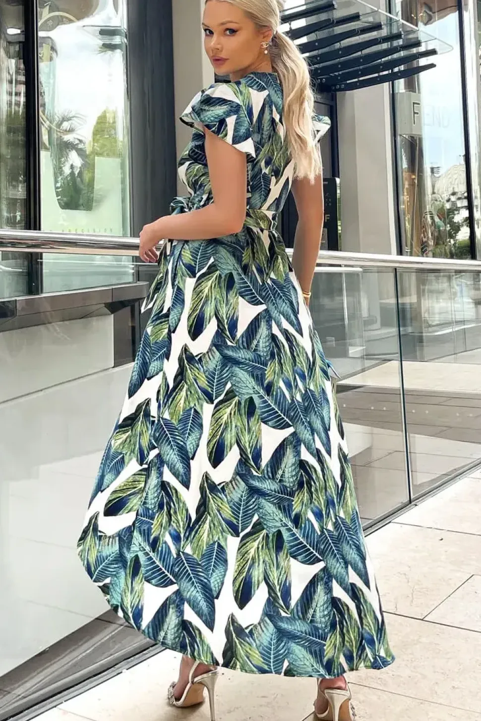 Leaf Print Short Sleeve Belted Wrap Midi Dress