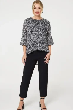 Leaf Print 3/4 Sleeve High Low Blouse