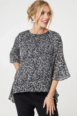 Leaf Print 3/4 Sleeve High Low Blouse