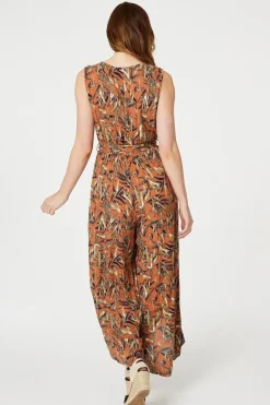 Leaf Print Sleeveless Jumpsuit