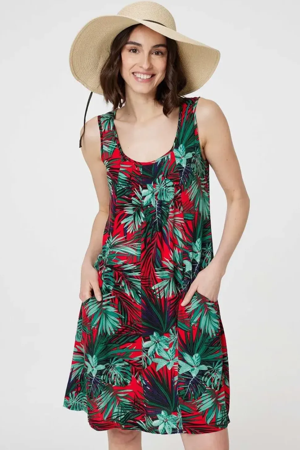 Leaf Print Sleeveless Tunic Dress
