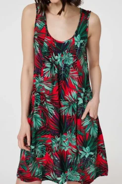 Leaf Print Sleeveless Tunic Dress