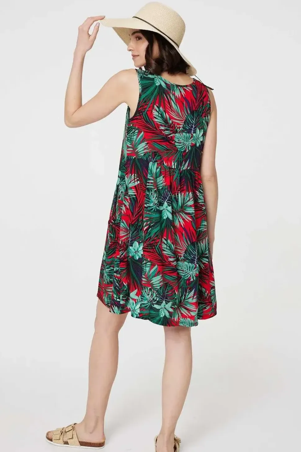 Leaf Print Sleeveless Tunic Dress