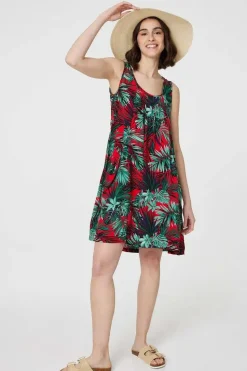 Leaf Print Sleeveless Tunic Dress