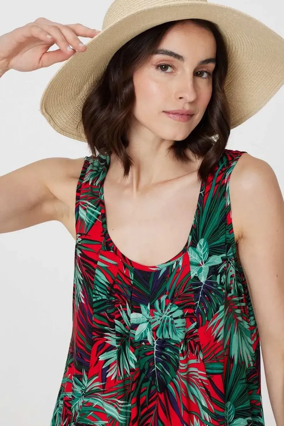 Leaf Print Sleeveless Tunic Dress