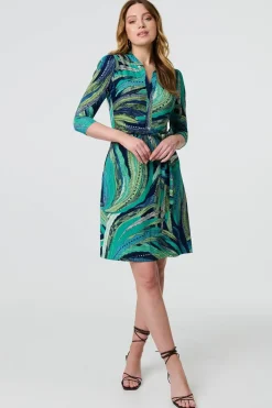 Leaf Print 3/4 Sleeve Short Wrap Dress