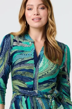 Leaf Print 3/4 Sleeve Short Wrap Dress