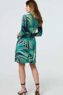 Leaf Print 3/4 Sleeve Short Wrap Dress