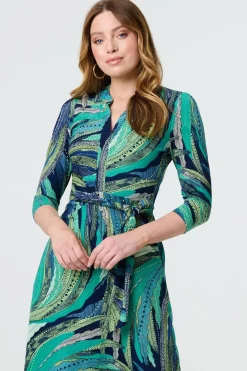 Leaf Print 3/4 Sleeve Short Wrap Dress