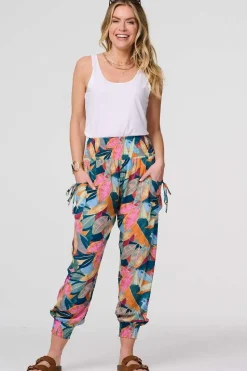 Leaf Print Tassel Pocket Harem Pants
