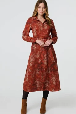 Leaf Print Tie Waist Midi Shirt Dress