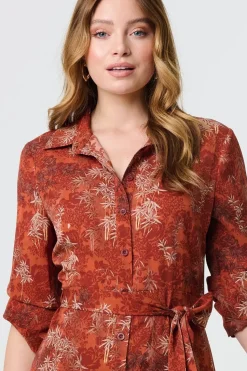 Leaf Print Tie Waist Midi Shirt Dress