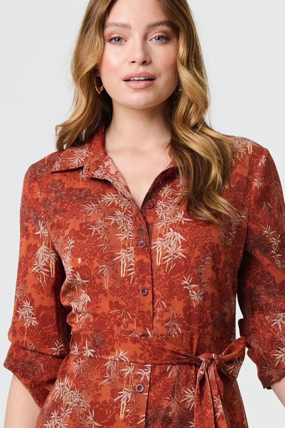 Leaf Print Tie Waist Midi Shirt Dress