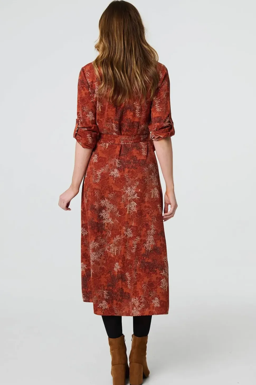 Leaf Print Tie Waist Midi Shirt Dress