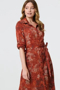 Leaf Print Tie Waist Midi Shirt Dress