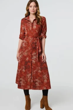 Leaf Print Tie Waist Midi Shirt Dress