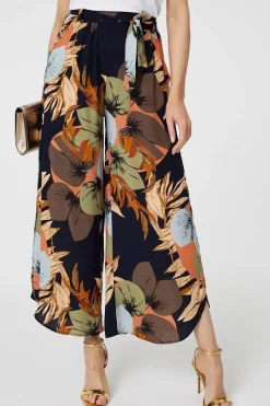 Leaf Print Tie Waist Split Leg Trousers