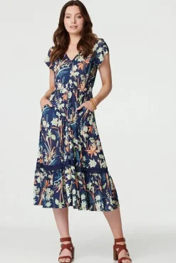 Leaf Print V-Neck Lace Trim Midi Dress