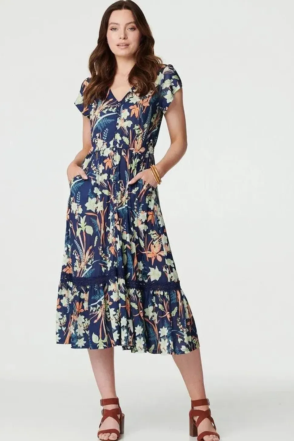 Leaf Print V-Neck Lace Trim Midi Dress