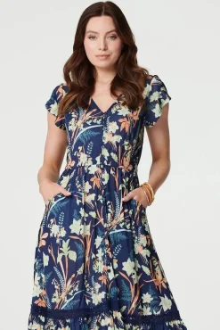 Leaf Print V-Neck Lace Trim Midi Dress