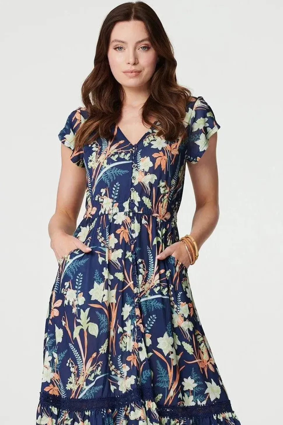 Leaf Print V-Neck Lace Trim Midi Dress