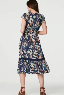 Leaf Print V-Neck Lace Trim Midi Dress
