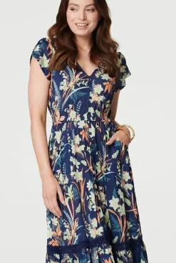 Leaf Print V-Neck Lace Trim Midi Dress