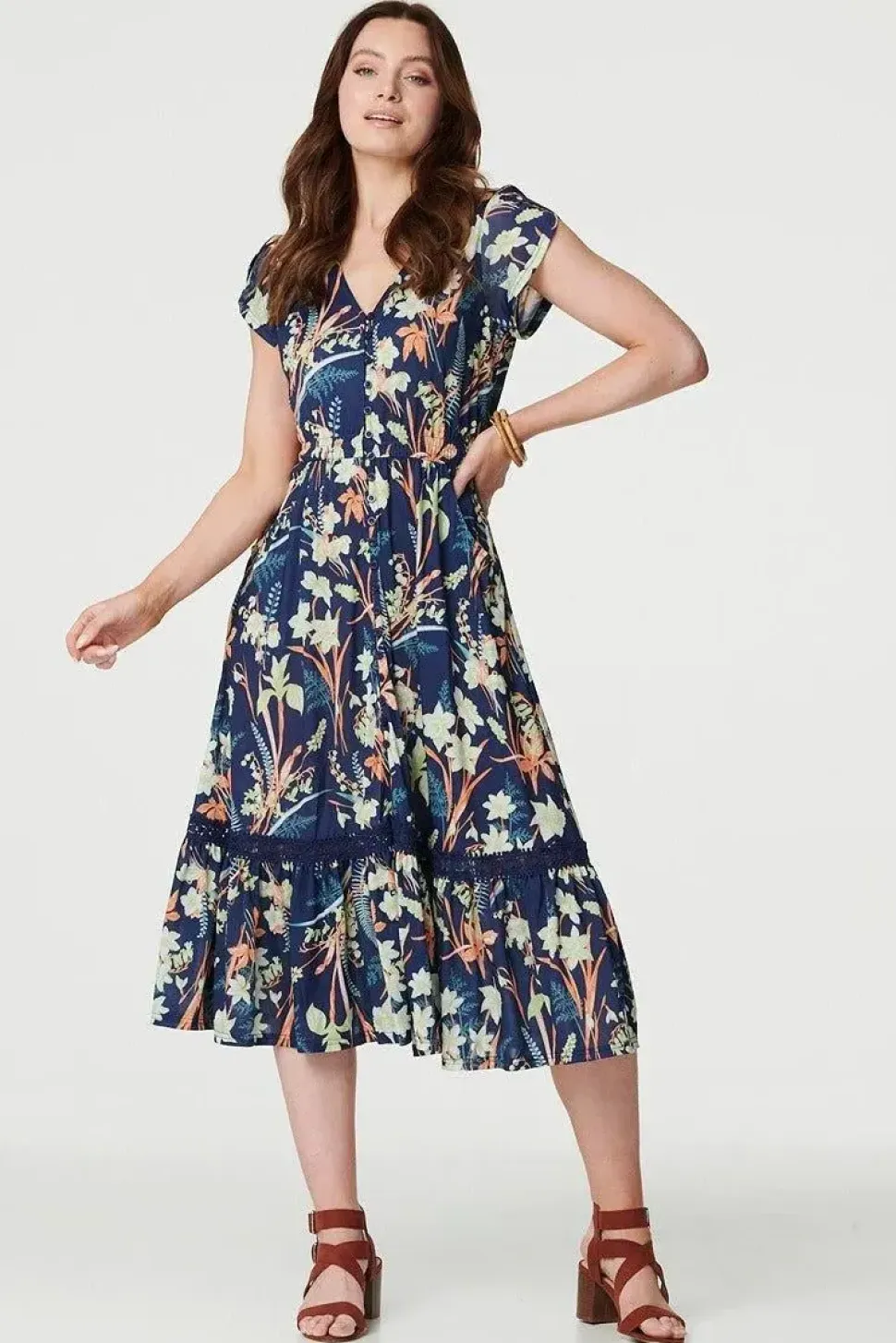 Leaf Print V-Neck Lace Trim Midi Dress