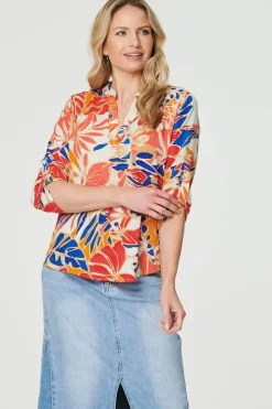 Leaf Print V-Neck 3/4 Sleeve Blouse