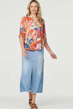Leaf Print V-Neck 3/4 Sleeve Blouse