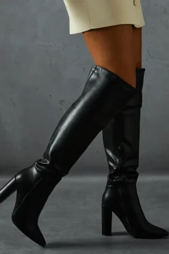 Leather Look Block Heel Knee High Boots