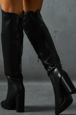 Leather Look Block Heel Knee High Boots