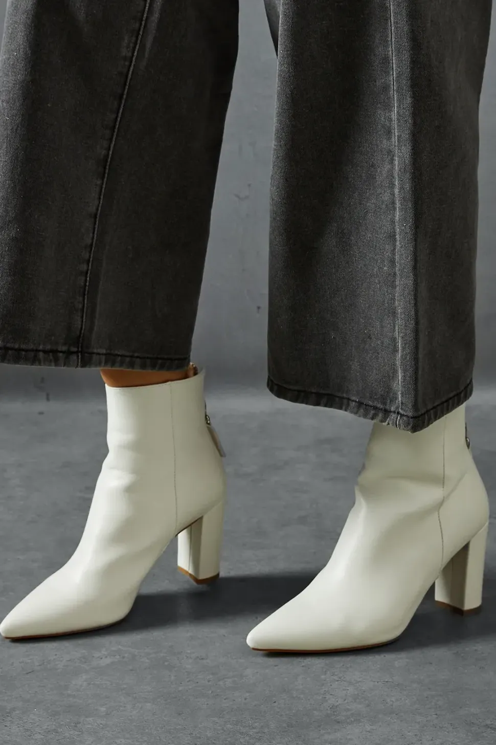 Leather Look Block Heel Pointed Ankle Boots