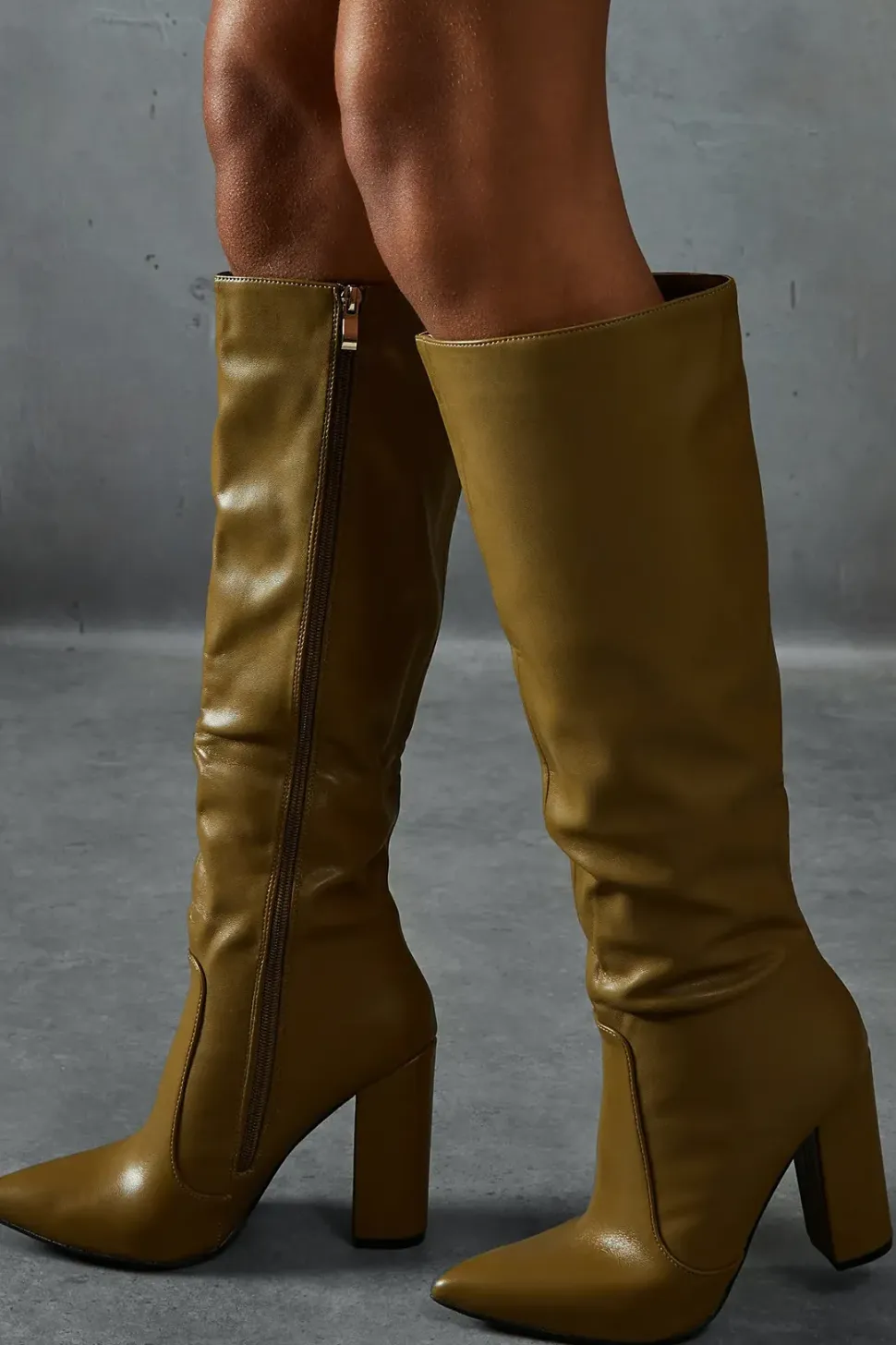 Leather Look Block Heel Pointed Boots