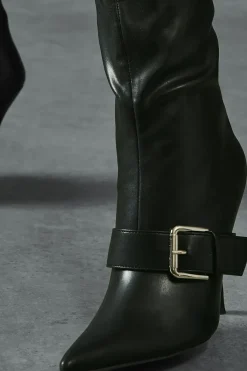 Leather Look Buckle Detail Knee High Boots