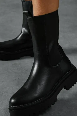 Leather Look Chunky Sole Ankle Boots