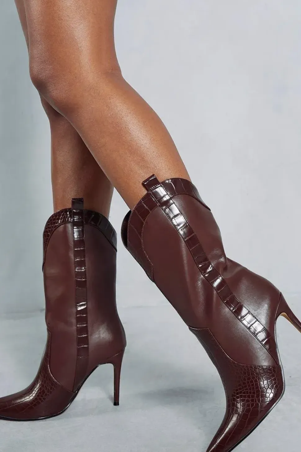 Leather Look Cowboy Heeled Boots