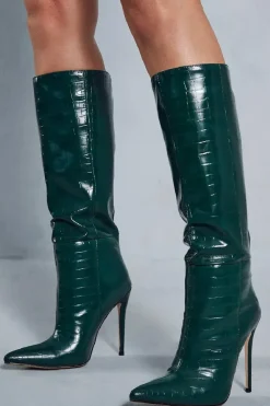 Leather Look Croc Pointed Heeled Boots